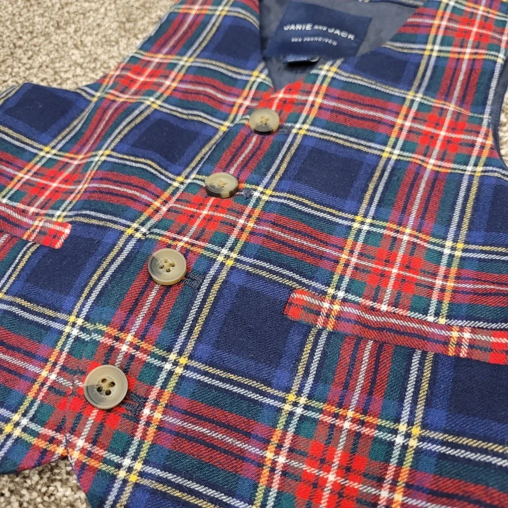 Janie and Jack Boys Navy Red Plaid 100% Wool Vest Size 3 Holiday Formal Dressy